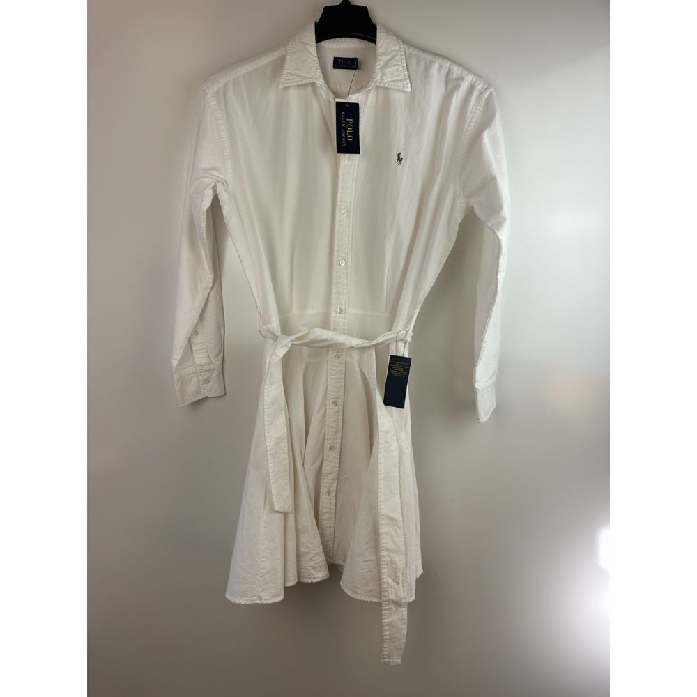 Polo Ralph Lauren Cotton Oxford Shirtdress Belted White Size 8 Old Money Preppy - Picture 2 of 13